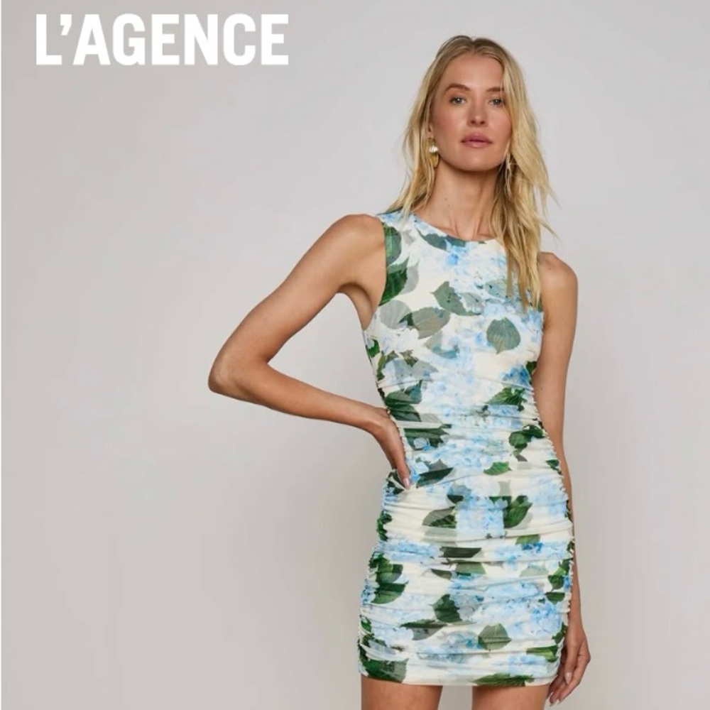 L'AGENCE Blue and Green Floral Mini Dress
